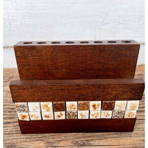 Vintage MCM Wood Letter/pencil holder Tile front Desk Decor